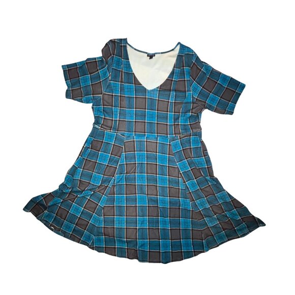 Gently Used - Torrid Mini Ponte V-neck Skater Dress Blue & Gray Plaid Size 3x - Picture 3 of 12